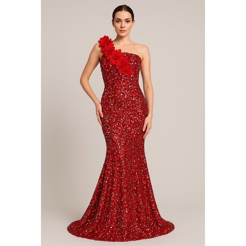 Tiffany Designs 4 Dress Sequin Red One Shoulder Dramatic Mermaid Floral Gown